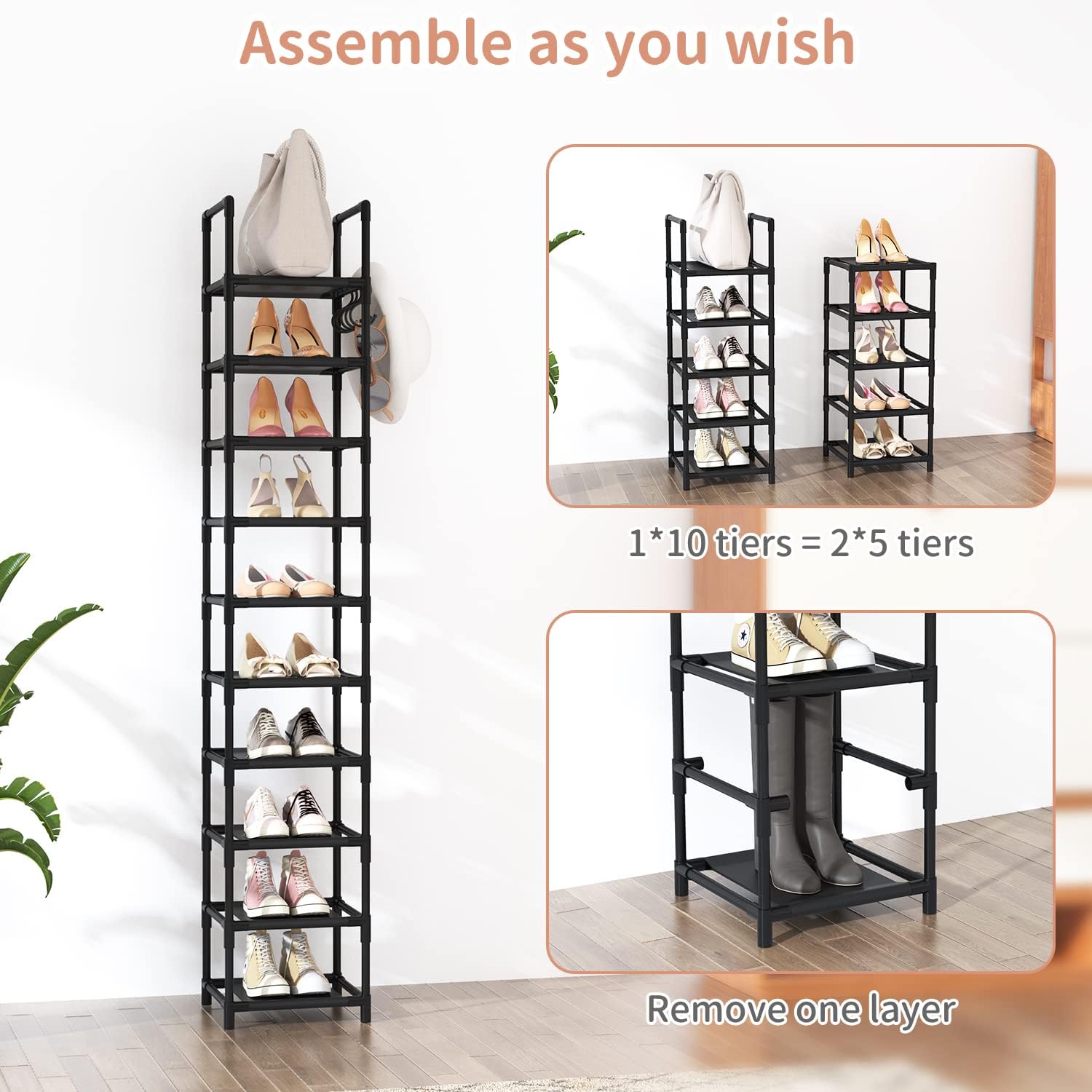 LANTEFUL Tall Narrow Shoe Rack, 10-Tier