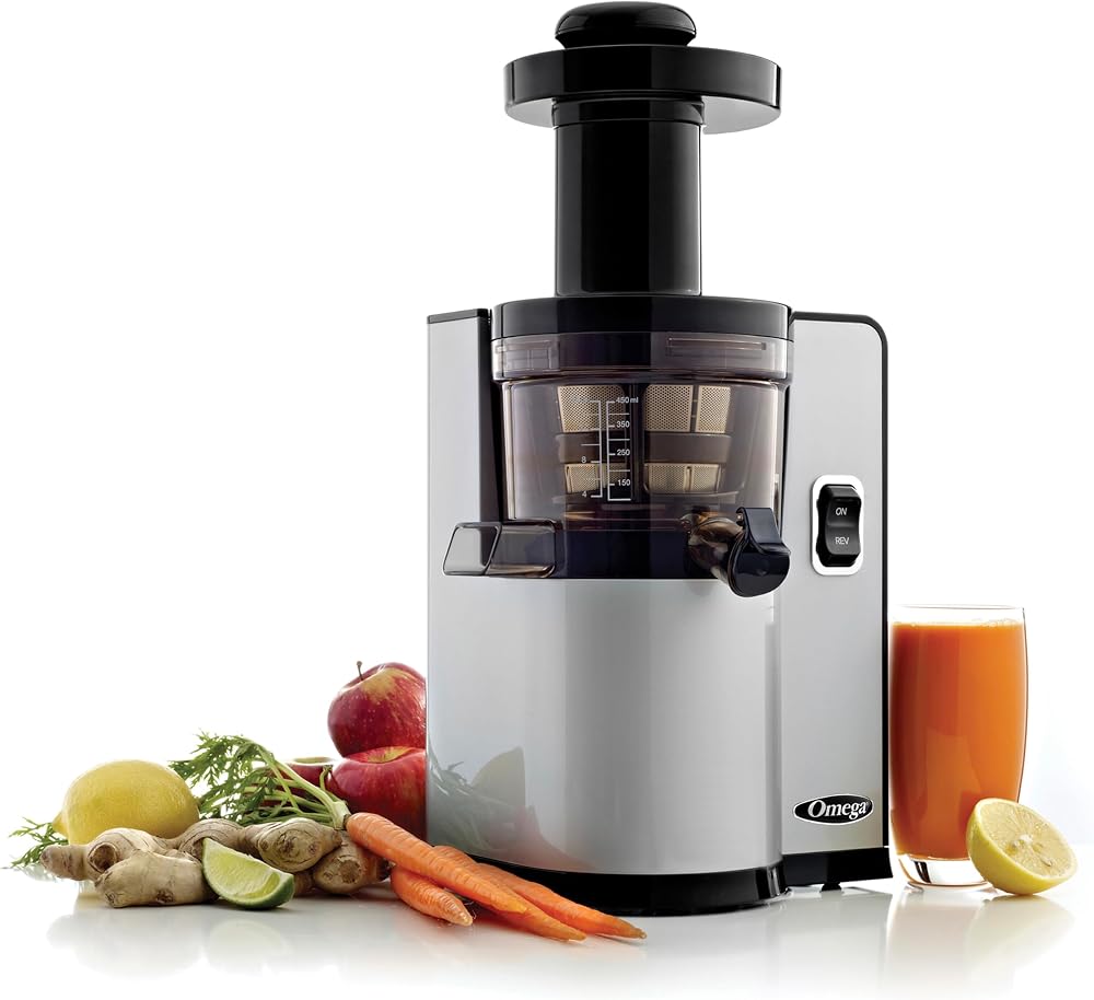 Omega vertical masticating juicer with juice and pulp cups